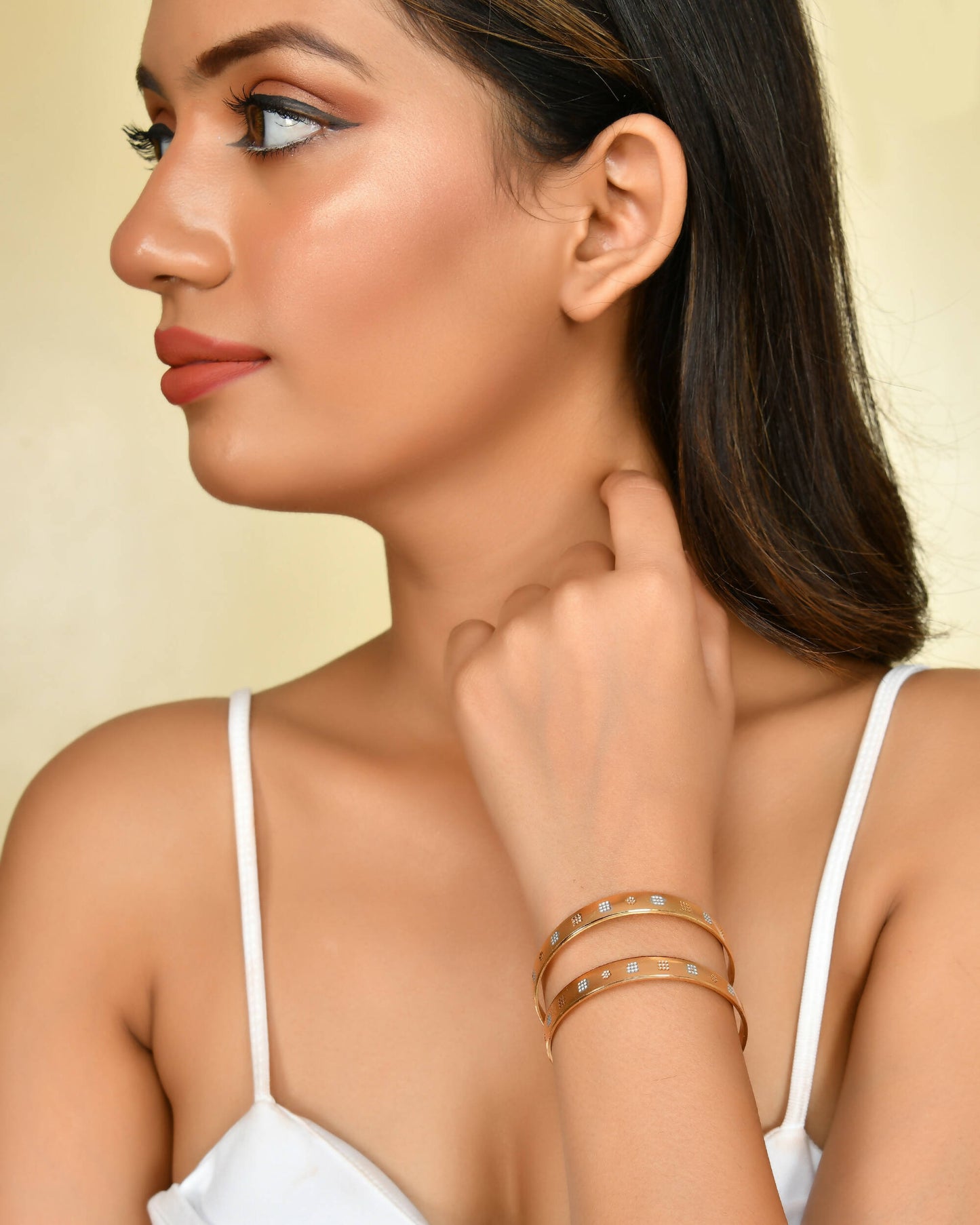 VOJ Stainless Steel Beads Gold-Polished Bangle Set (Pack of 2) - Swadesiicart