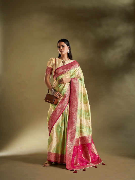 Joban Fashion Cream & Sea Green Plain With Weaving Border Banarasi Silk Sarees | Swadesiicart