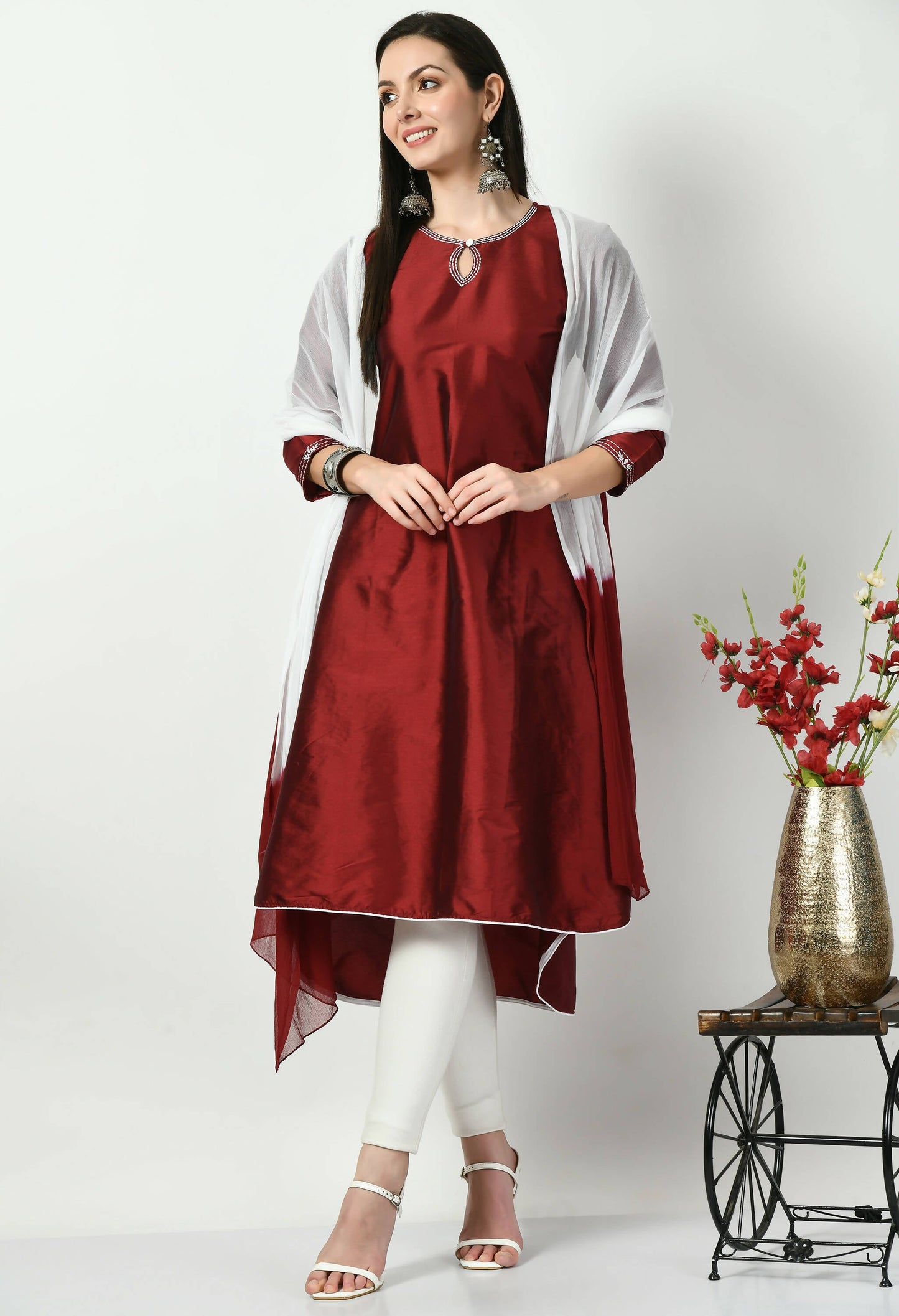 Women's Maroon Embroidered Polysilk Kurti With Lycra Pant Double Dyed Dupatta - G & A Apparels | Swadesiicart