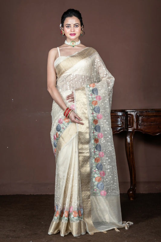 Morchari Beige Banarasi Tissue Computer Embroidery Saree Unstitched Blouse | Swadesiicart