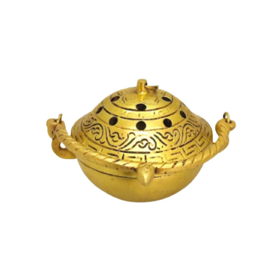 Tamas Brass Small Dhoop Burner with Handle and Lid (Golden) | Swadesiicart