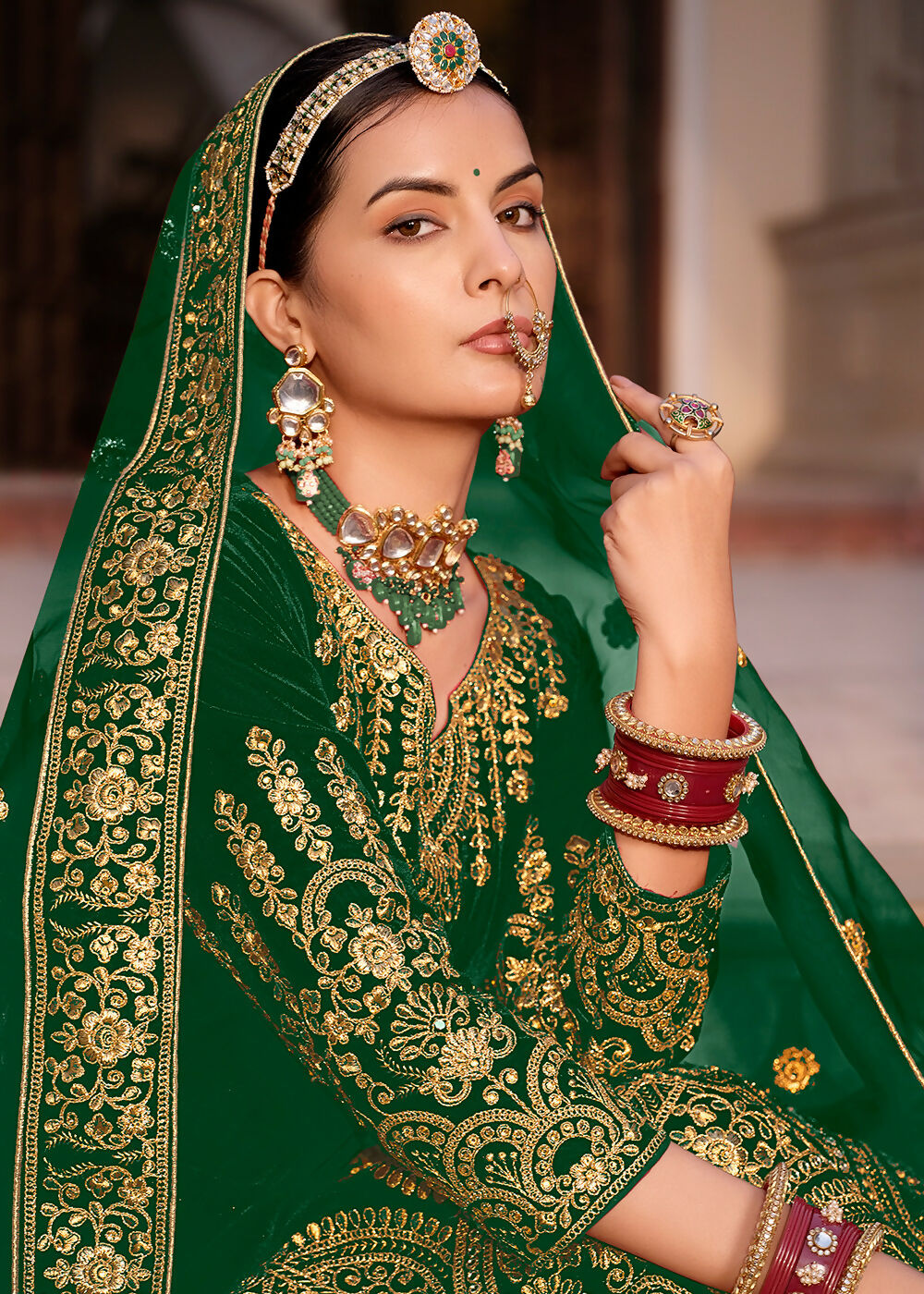 Green Velvet Front & Back Embroidery Wedding Anarkali Suit - Emponline | Swadesiicart