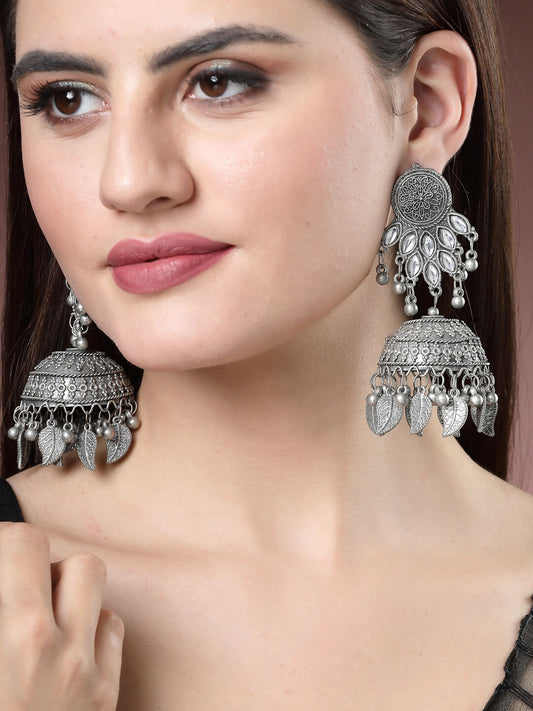 NVR Women's Silver-Plated Oxidised Artificial Stones Dome Shaped Jhumka Earrings | Swadesiicart