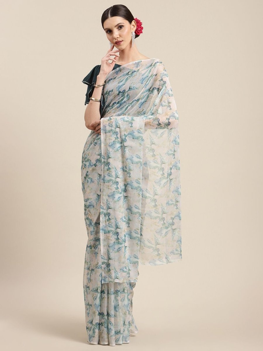 Ahalyaa Women's Off White Chiffon Abstract Digital Print Saree | Swadesiicart