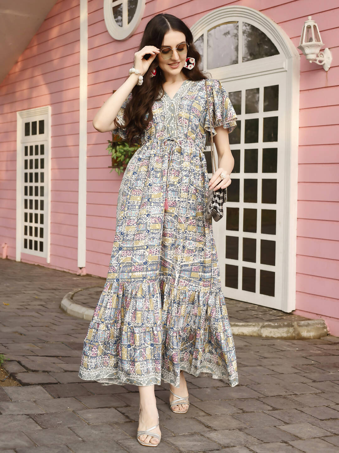 Green Rayon Foil Printed Long Dress - Michan | Swadesiicart