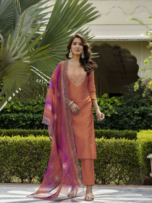 The52 Orange Women's Gorgeous Embroidered Rayon Fabric with Straight Kurta, Pant and Dupatta Set - Swadesiicart