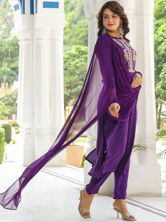 Kalini Floral Embroidered Mandarin Collar Regular Mirror Work Kurta & Trousers & Dupatta - Swadesiicart