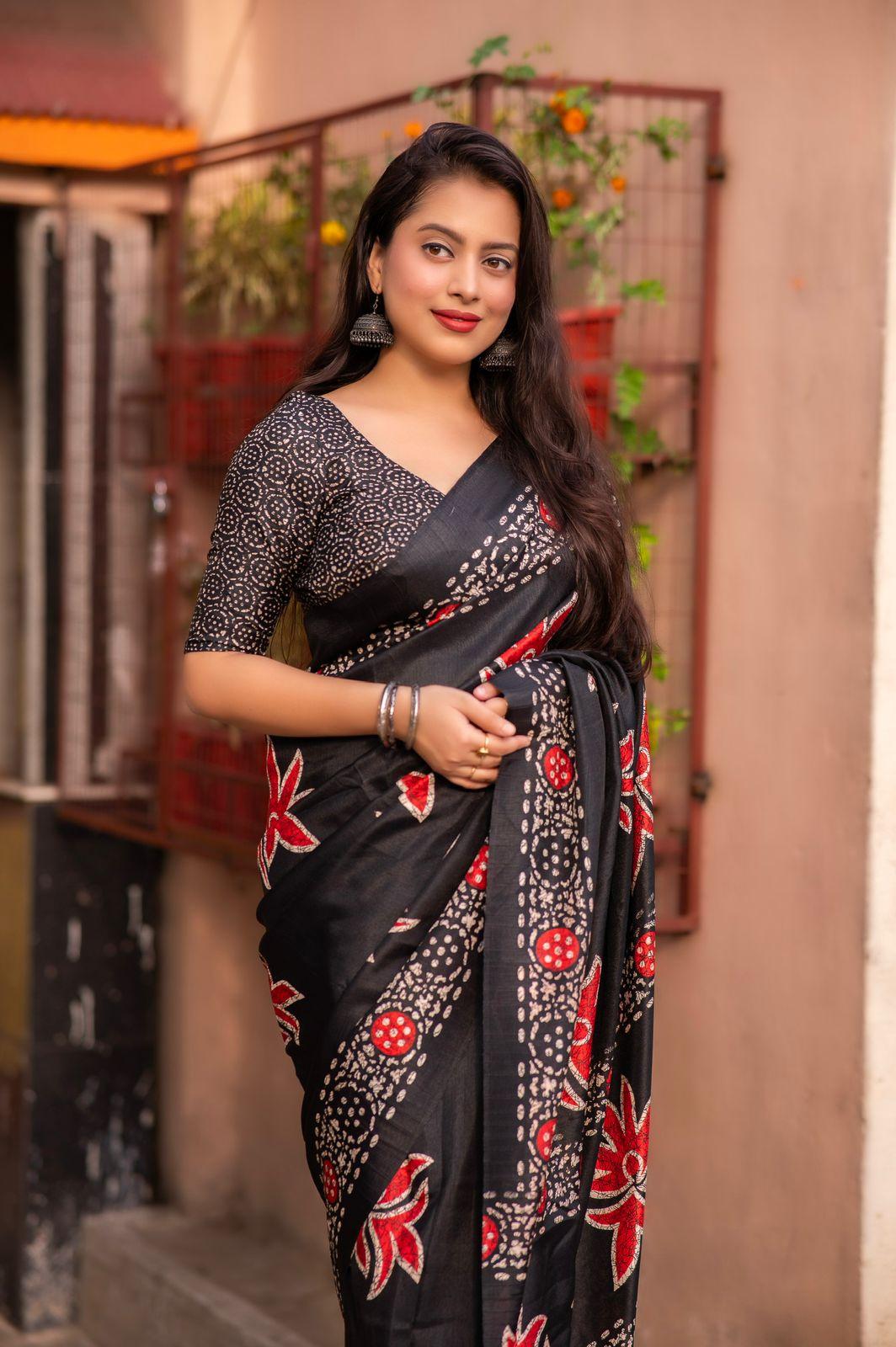 Black Silk Blend Ethnic Motifs Saree with Unstitched Blouse - Hiral Fashion