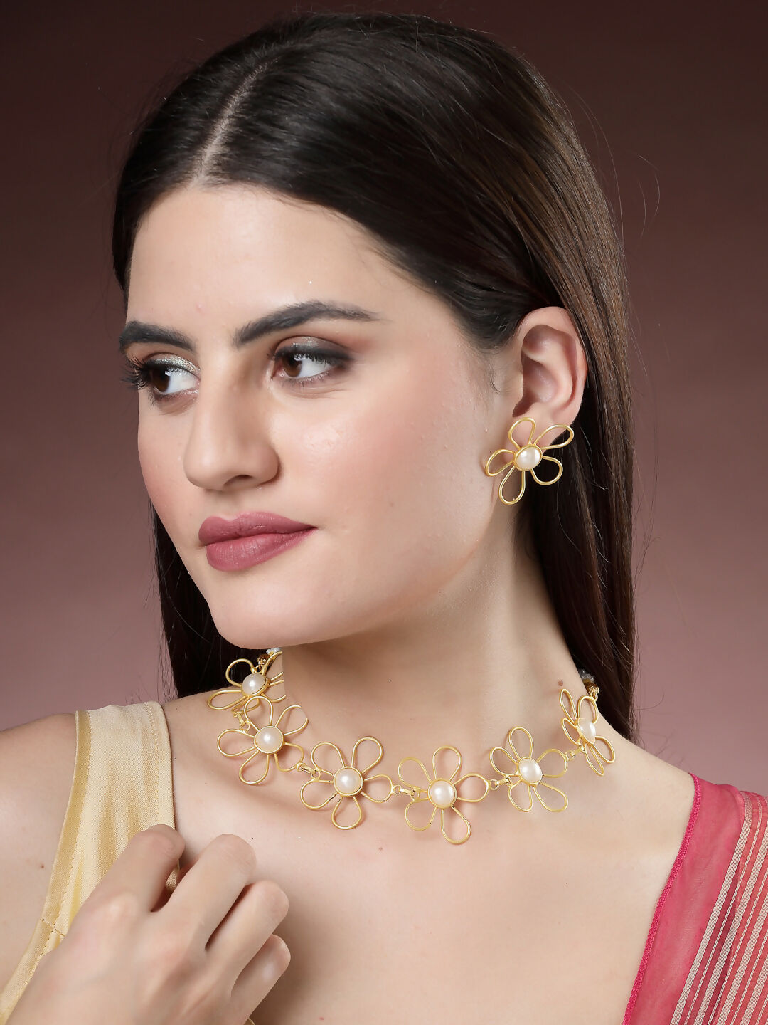 NVR Women's Gold Floral Shape Beaded Handcrafted Jewellery Set - Swadesiicart