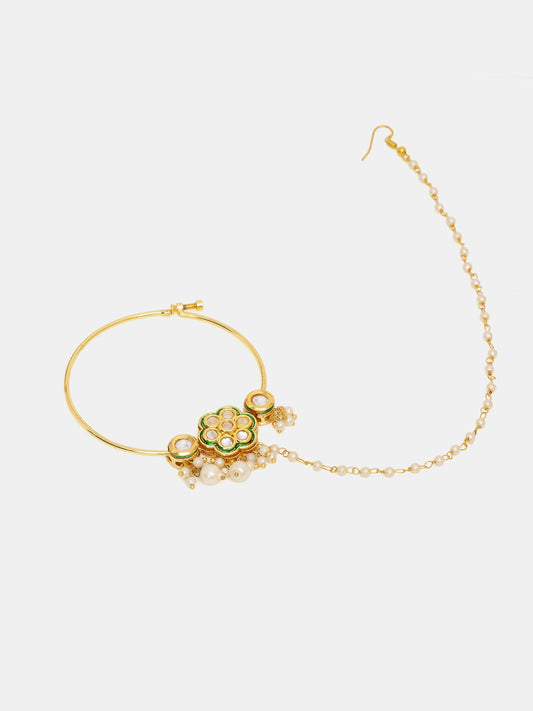 Ruby Raang 22k Gold Polished Kundan Maharani Nose Ring (Clip On)