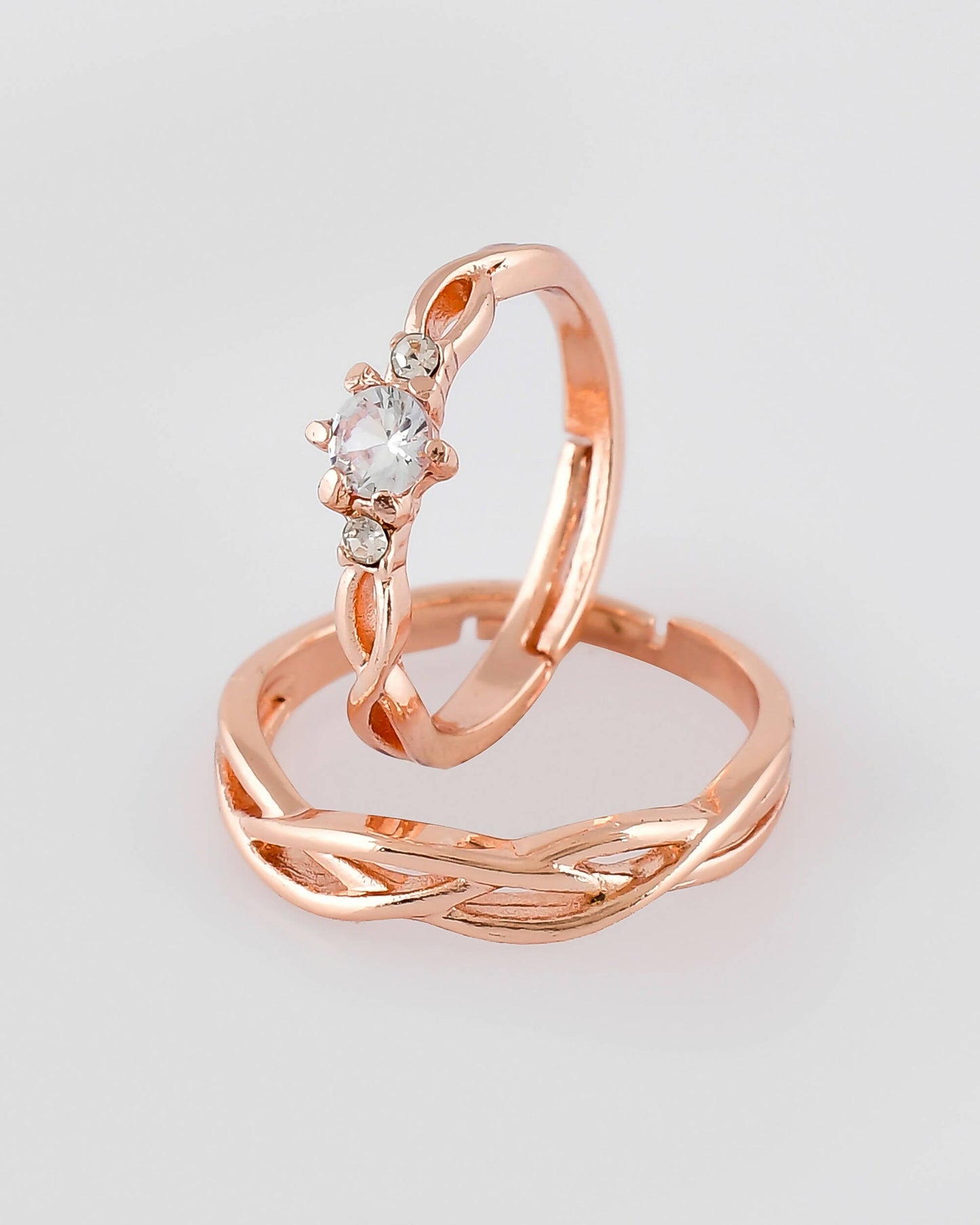 VOJ Stainless Steel Cubic Zirconia Rose Gold-Polished Adjustable Ring Set for Couple | Swadesiicart