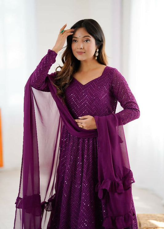 Joban Fashion Wine Kurta Set Georgette Sequence Embroidery Work - Swadesiicart