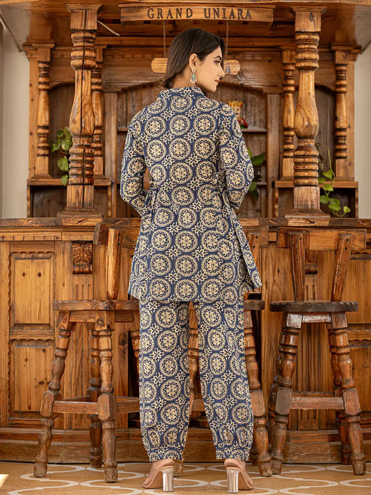 Yufta Ethnic Motifs Print Navy Blue Cotton Co-Ord Set - Swadesiicart