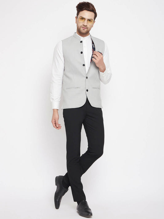 Even Apparels Grey Merino Men's Nehru Jacket-Contrast Lining-Free Pocket Square | Swadesiicart