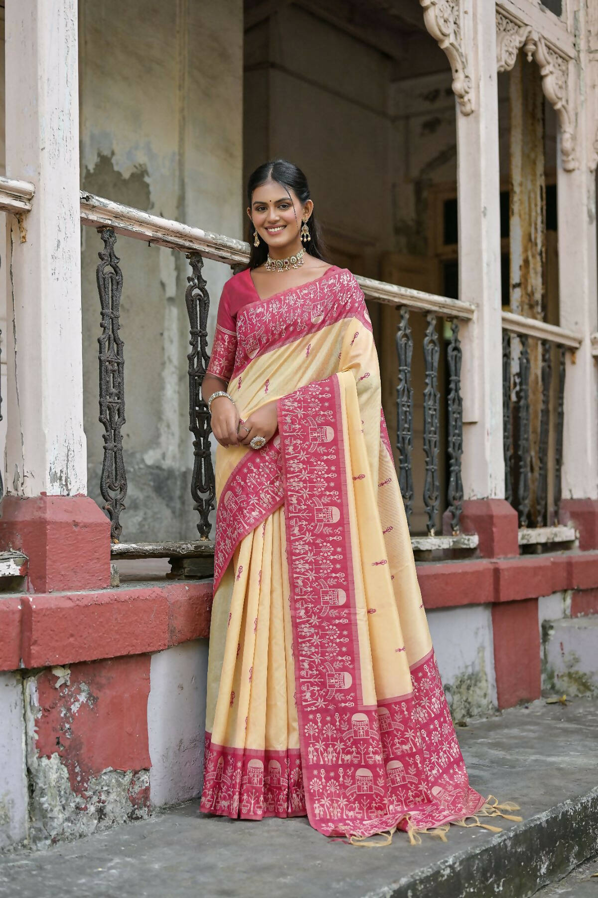 Vishnu Weaves Women's Rani Handloom Raw Silk Woven Saree with Blouse - Swadesiicart