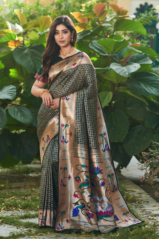 Vishnu Weaves Women's Bottle Green Paithani Silk Minakari Zari Woven Saree with Unstitched Blouse - Swadesiicart