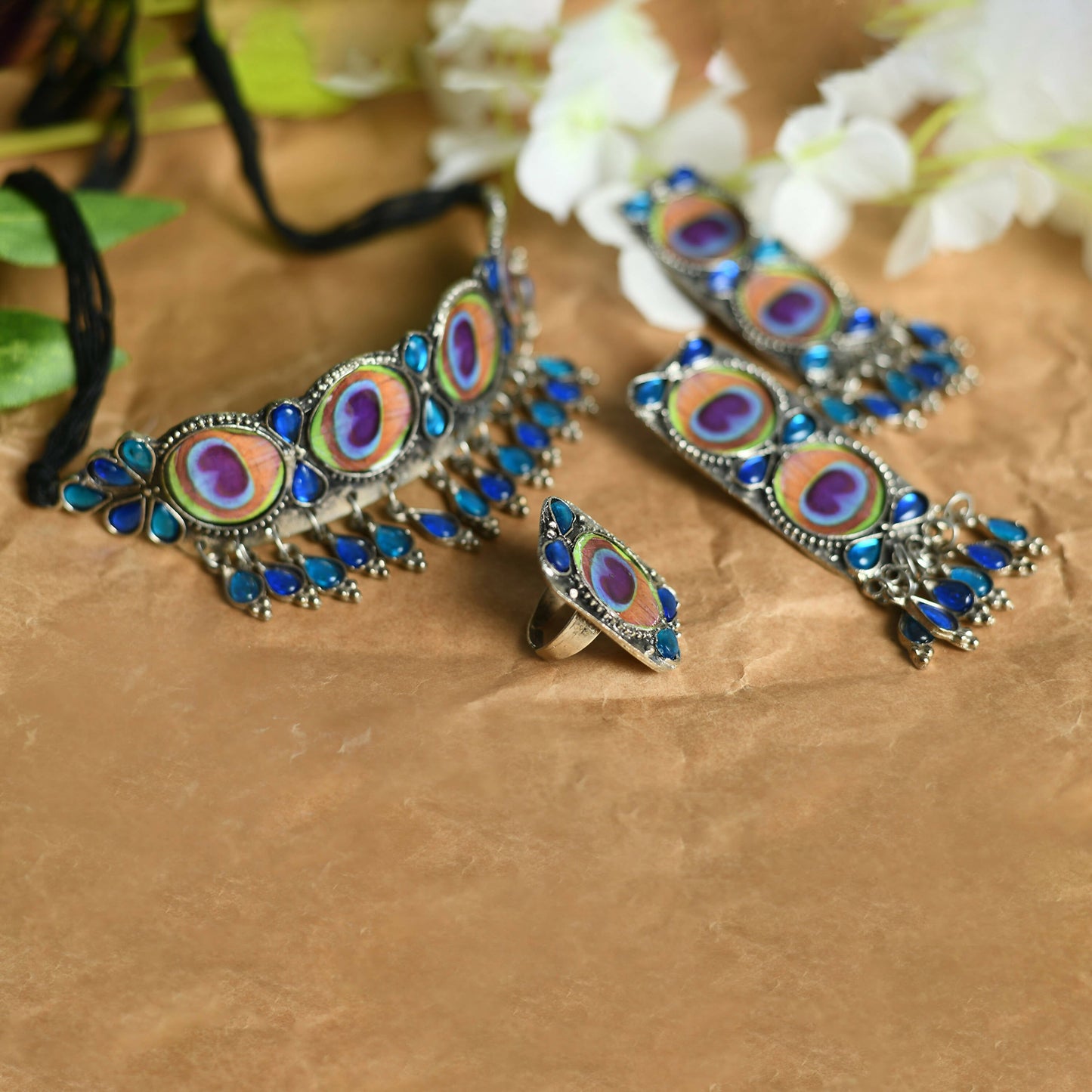 Mominos Fashion Johar Kamal Oxidised Silver-Plated Brass Finish Peacock Wings Choker For Women | Swadesiicart