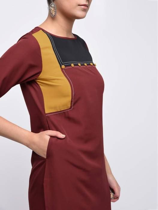 Aniyah Crepe Color Block Straight Brown Kurta (AN-139K) - Swadesiicart