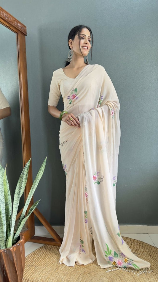 Aayaa Designer 1 min Hand Painted Ready to Wear saree - Off White | Swadesiicart