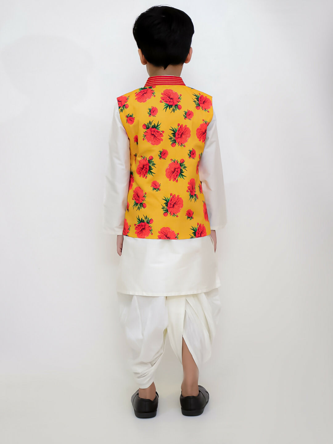 Lil Drama Genda Phool White Kurta and Dhoti with Mustard Jacket Set for Boys | Swadesiicart