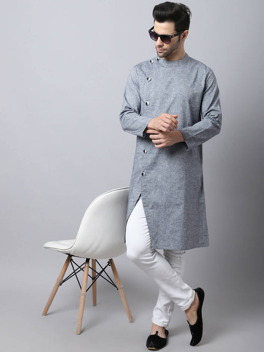 Even Apparels Grey Pure Cotton Sherwani Men's Kurta With Asymetrical Cut | Swadesiicart