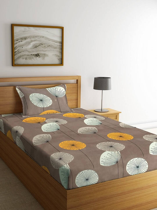 KLOTTHE Brown & Yellow Floral 210 TC Cotton Bedsheet with Pillow Cover - Swadesiicart