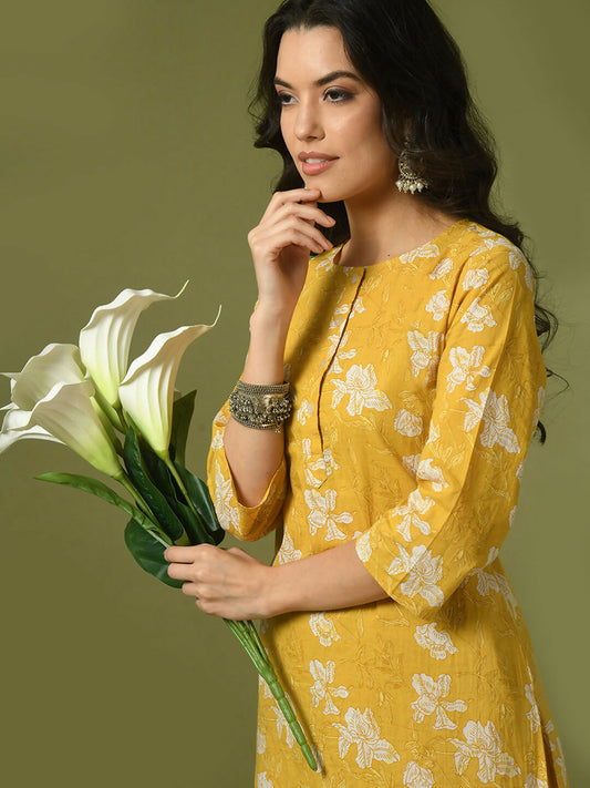 Myshka Women's Yellow Printed Cotton Round Neck Party Tunic With Trousers Co-ord set - Swadesiicart