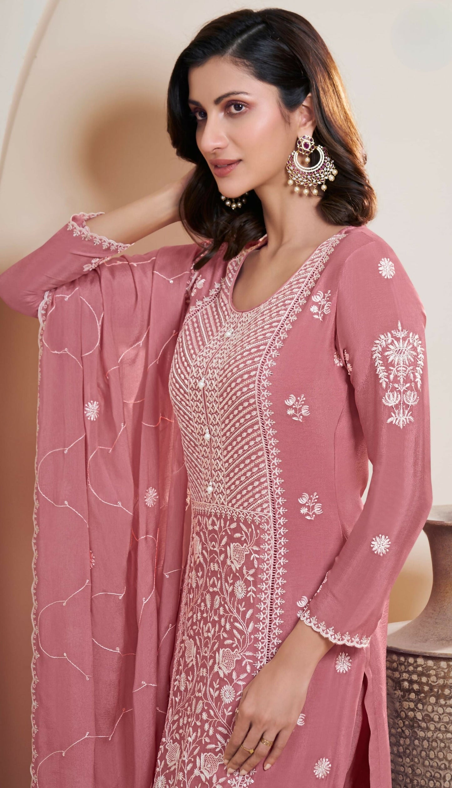 Anaita Pink Chinon Embroidered Thread Work Stitched Salwar Suit
