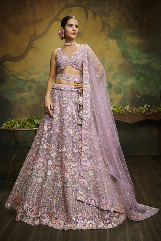 House of Panchhi Mauve Net Multi Sequins with heavy Zarkan embroidery Lehenga choli & Dupatta | Swadesiicart