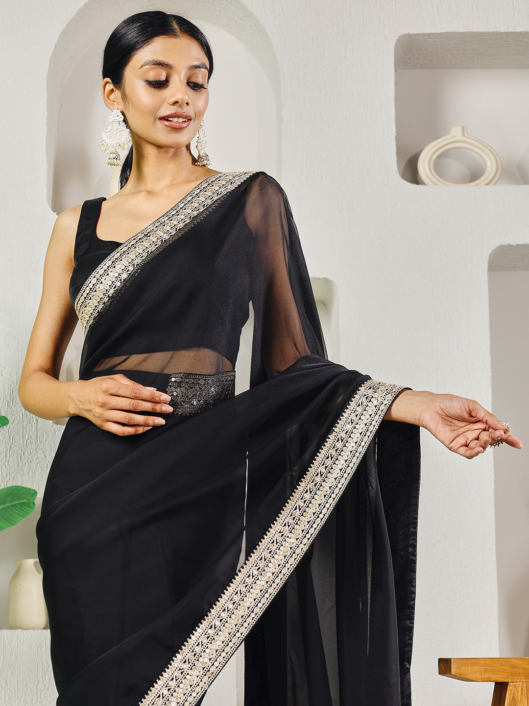 Fab Fashion Black Solid Ready to Wear Saree With Blouse | Swadesiicart