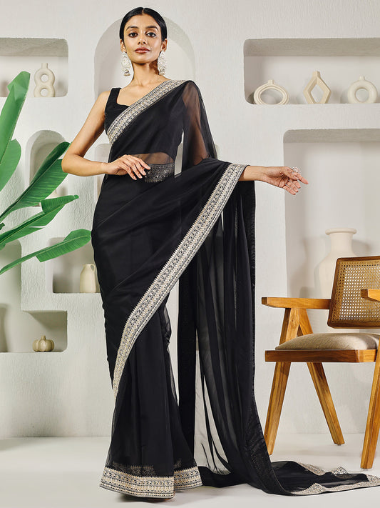 Fab Fashion Black Solid Ready to Wear Saree With Blouse | Swadesiicart