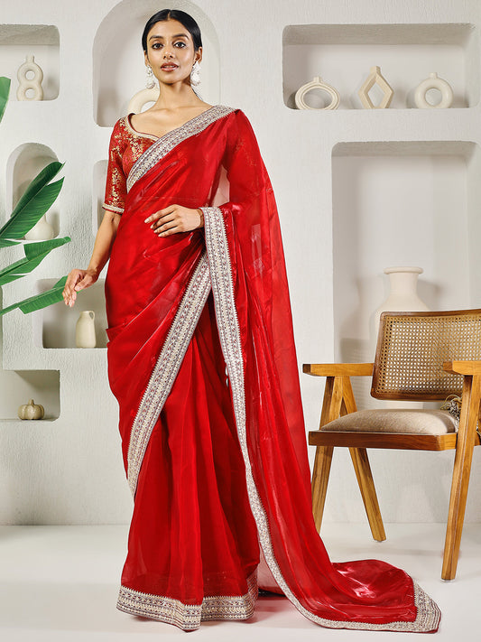 Fab Fashion Red Solid Ready to Wear Saree With Blouse | Swadesiicart