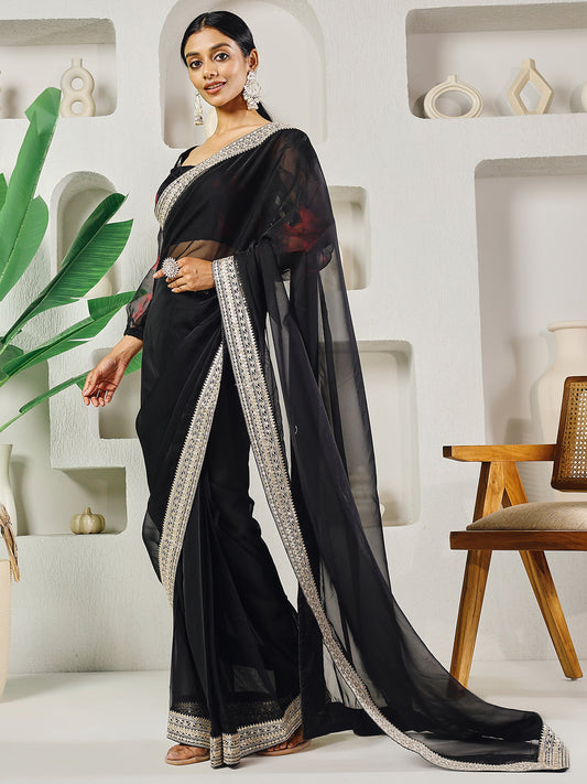 Fab Fashion Black Organza Ready to Wear Saree with Blouse | Swadesiicart