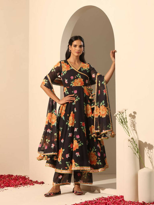 Pomcha Jaipur Black Gul Narangi Angrakha Set | Swadesiicart