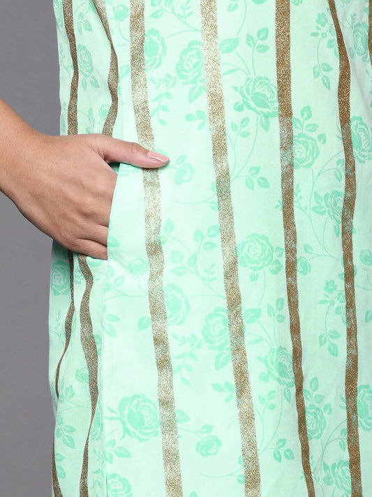 Ahalyaa Blue & Gold Floral Printed & Striped Straight Kurti with Sharara | Swadesiicart