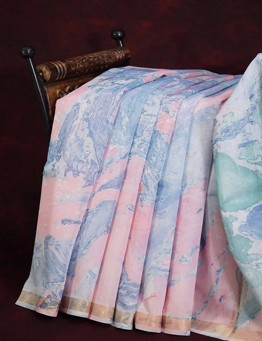 Shades Of Baby Pink And Sea Blue Printed Chanderi Saree For Regular/Office Wear By Gayathri Reddy Designer Studio | Swadesiicart