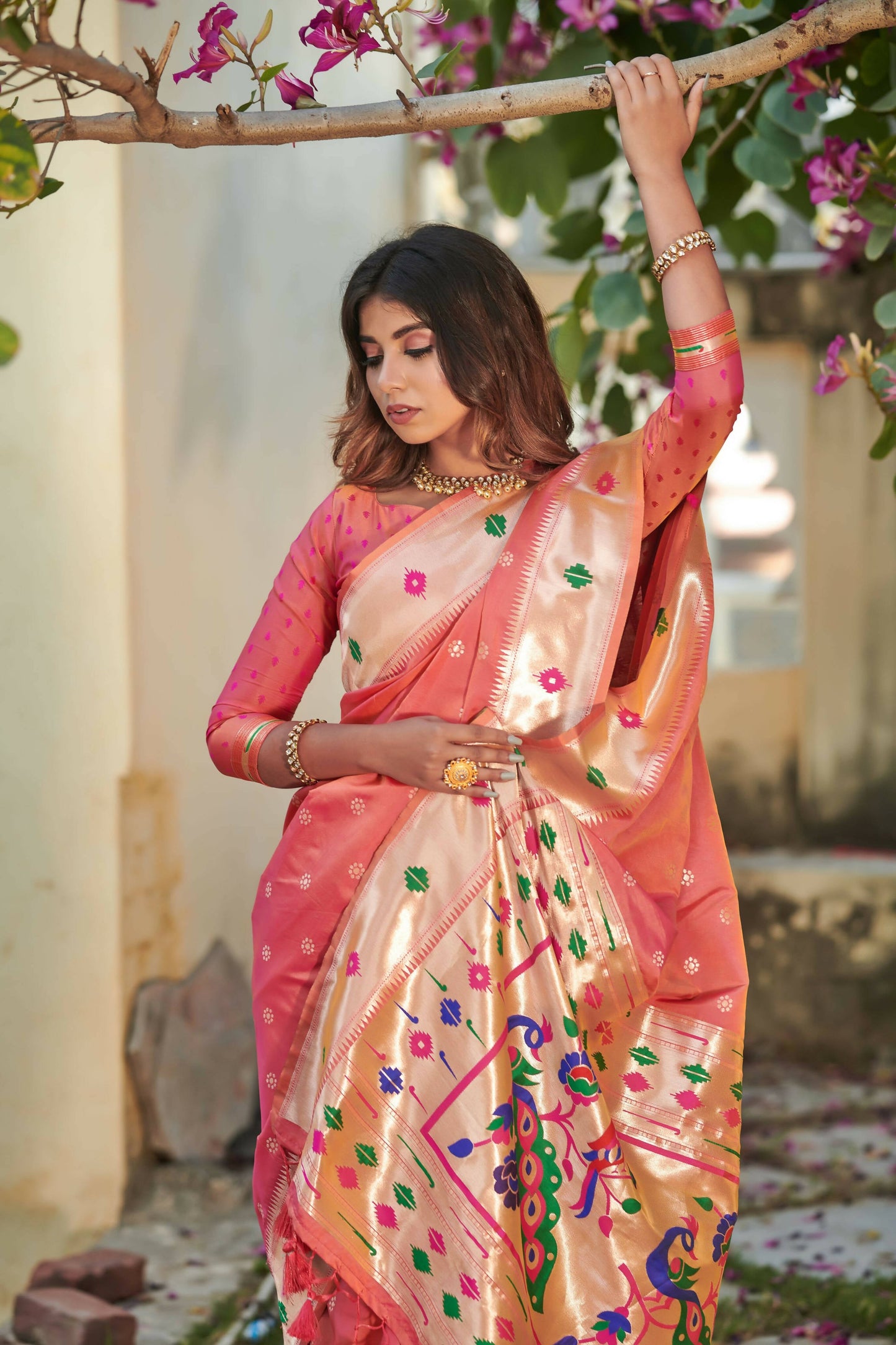Vishnu Weaves Women's Gajri Banarasi Silk Zari Woven Paithani Saree with Unstitched Blouse - Swadesiicart