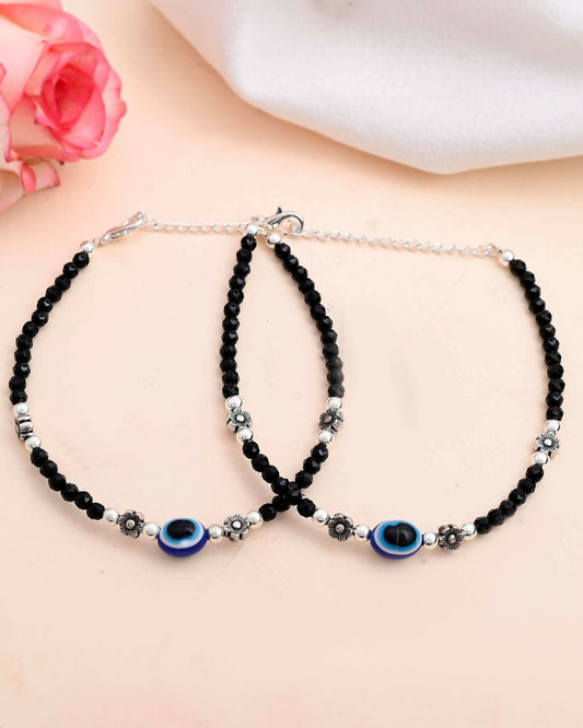 VOJ Set of 2 Evil Eye Black with Flower Shaped Beads Anklet - Swadesiicart