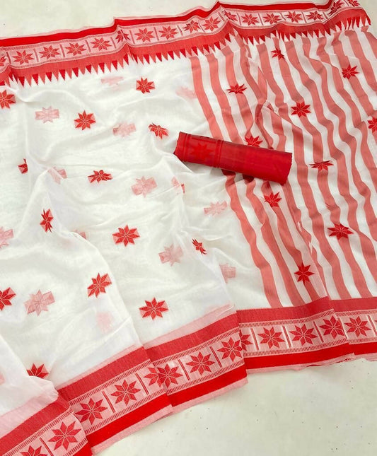 DEIANA'S Beautiful Designer Golden zari Soft Cotton Saree - White - Swadesiicart