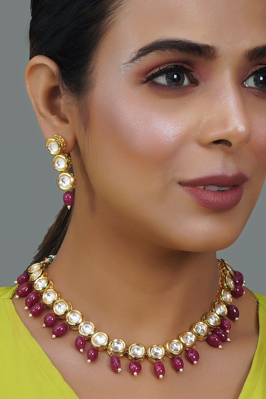 Peryl Women Gold Tone Kundan Necklace With Earrings(2 Pc Set) - Swadesiicart