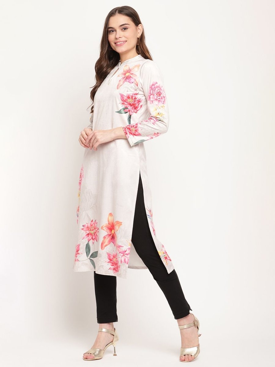 Ahalyaa Women Beige Velvet Digital Print Kurta | Swadesiicart