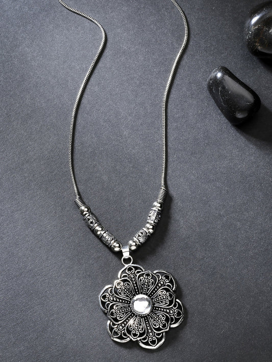 NVR Women's Silver-Toned Floral Shape Pendant with Chain | Swadesiicart