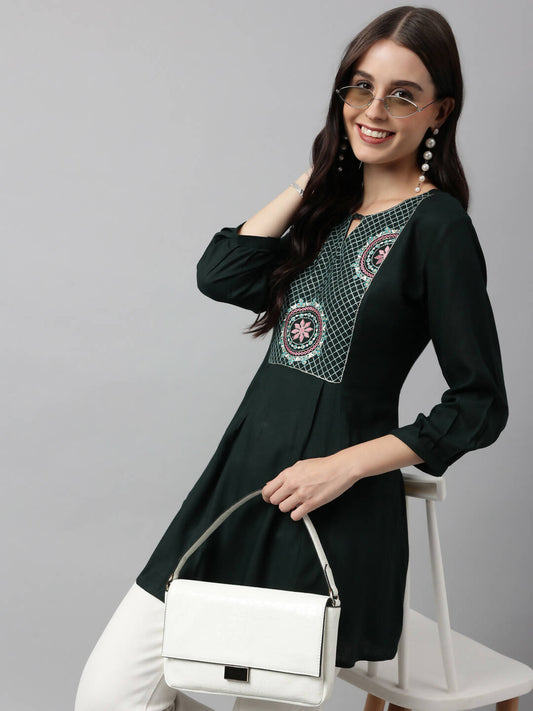 Green Rayon Yoke Embroidered A-line Top - Tarini - Swadesiicart