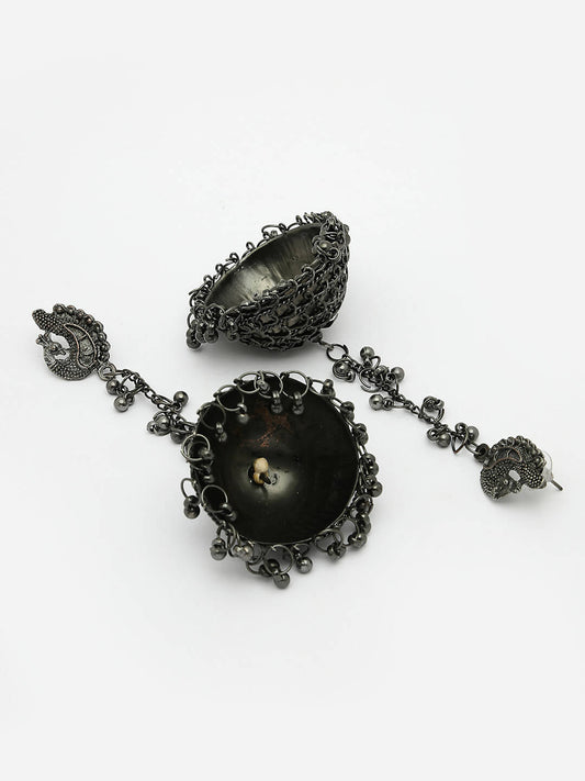 NVR Women Black Oxidised Brass-Plated Jhumka Earrings