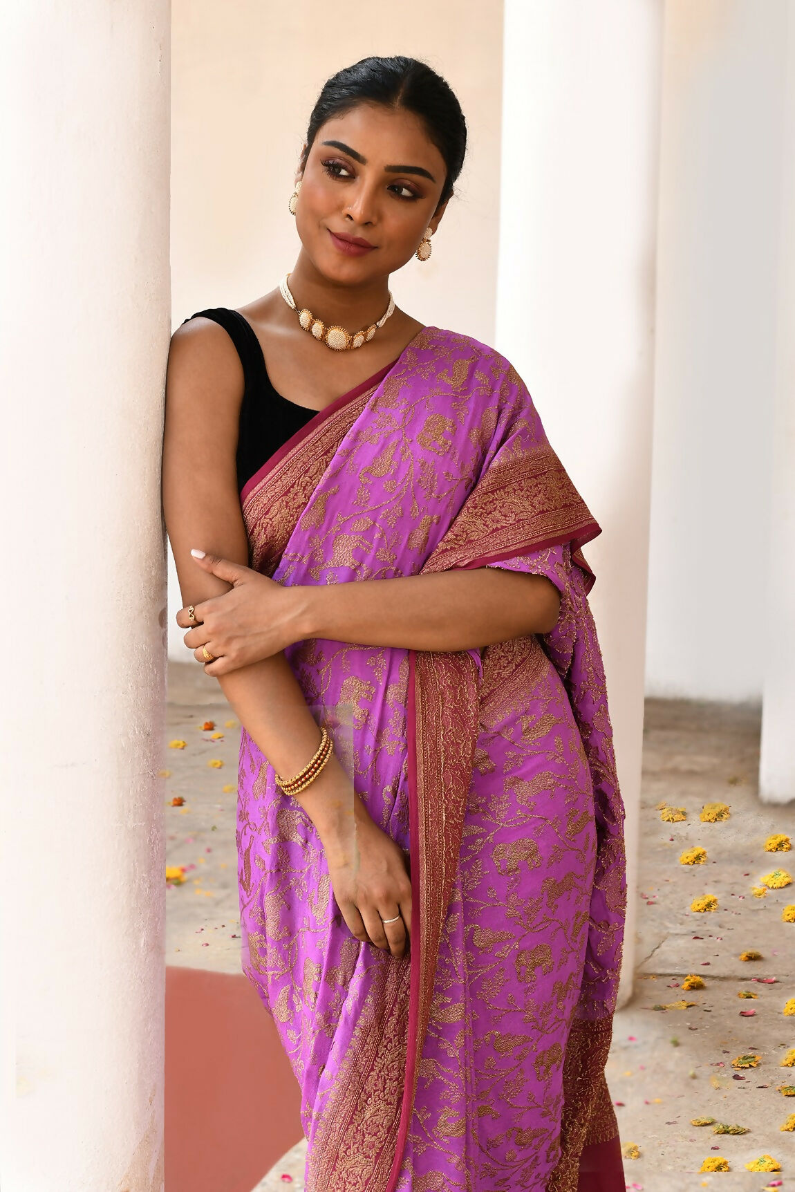 Joban Fashion Hot Pink Crepe Chiffon Pure Handloom Banarasi Silk Saree | Swadesiicart