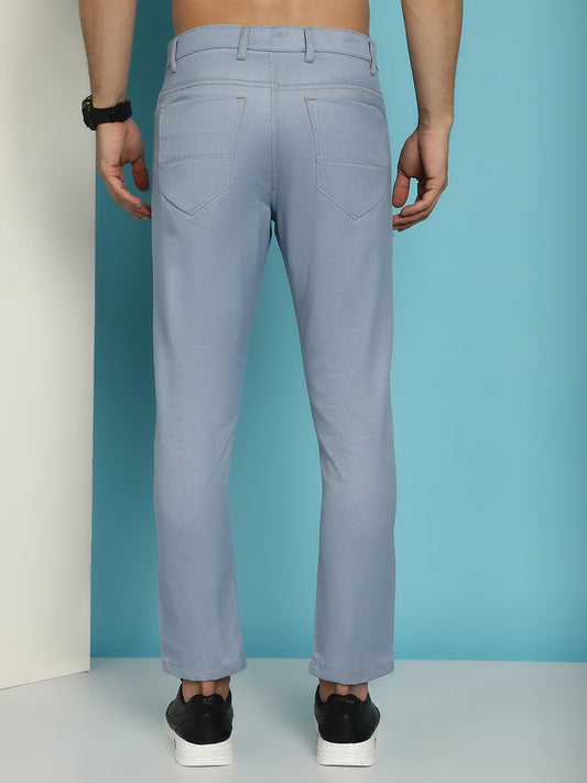 Indian Needle Men's Blue Solid Cotton Casual Trouser - Blue | Swadesiicart