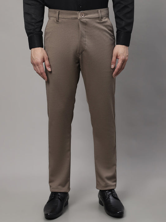 Jainish Men's Dark-Beige Tapered Fit Formal Trousers | Swadesiicart