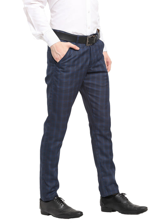 Jainish Men's Navy Blue Cotton Checked Formal Trousers ( FGP 267Navy ) | Swadesiicart