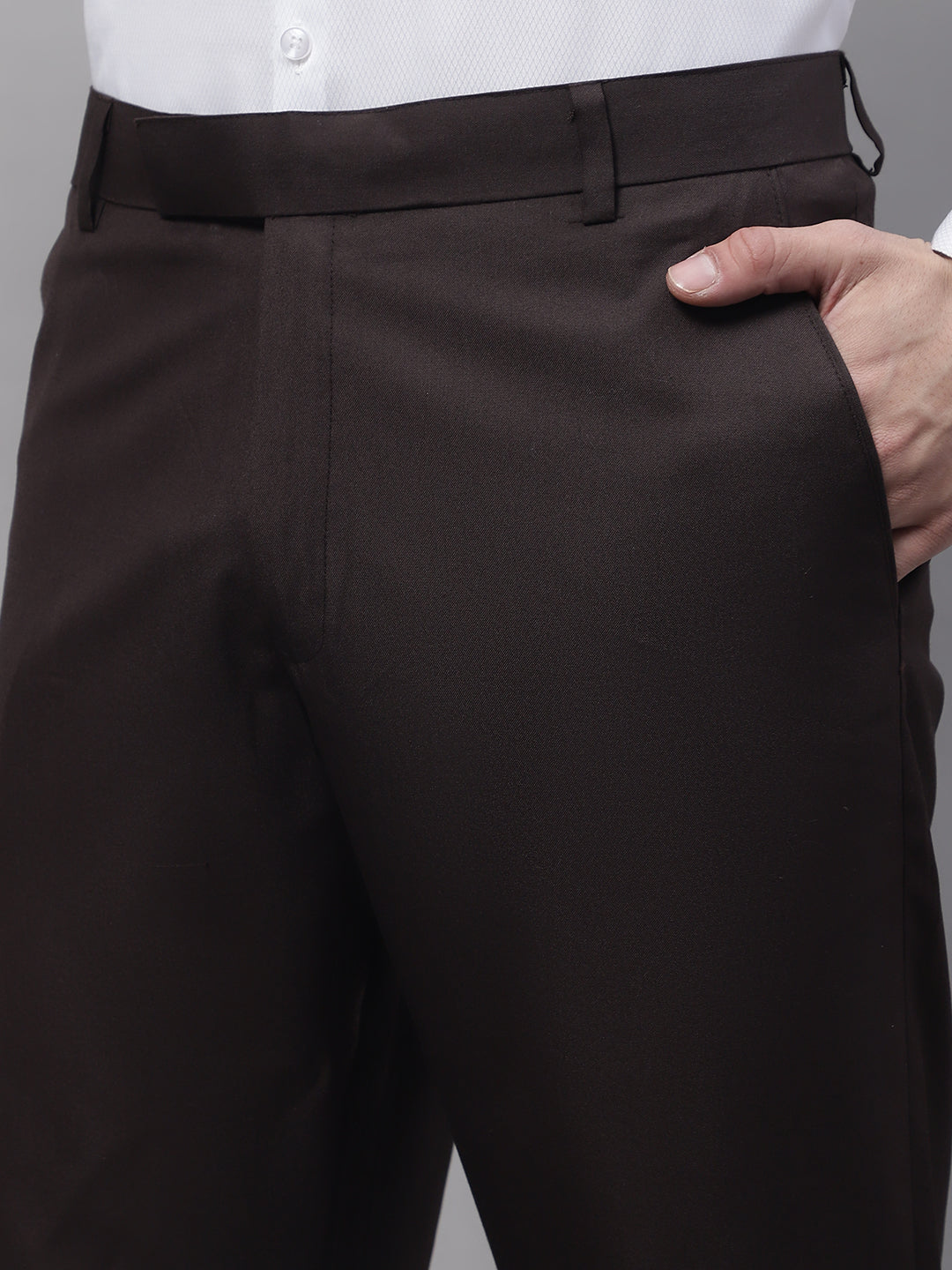 Jainish Men's Coffee Tapered Fit Formal Trousers | Swadesiicart