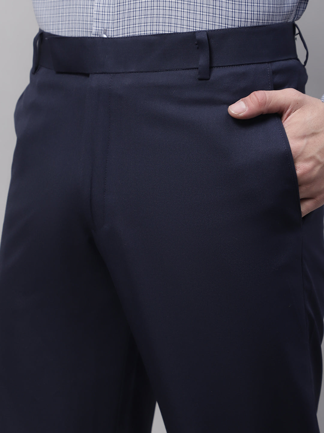 Jainish Men's Navy Tapered Fit Formal Trousers | Swadesiicart